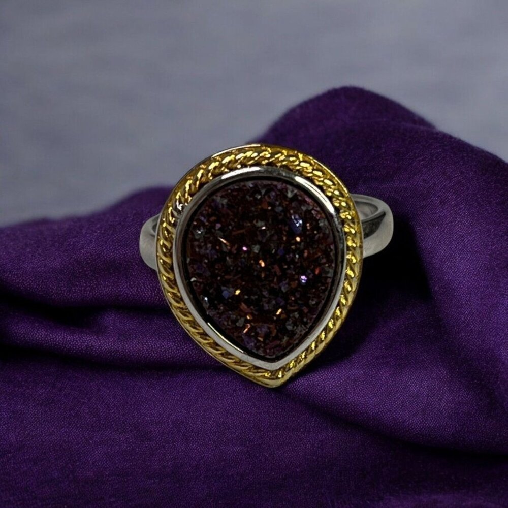 Silver Teardrop Purple Druzy Gemstone Women's Ring Size 6